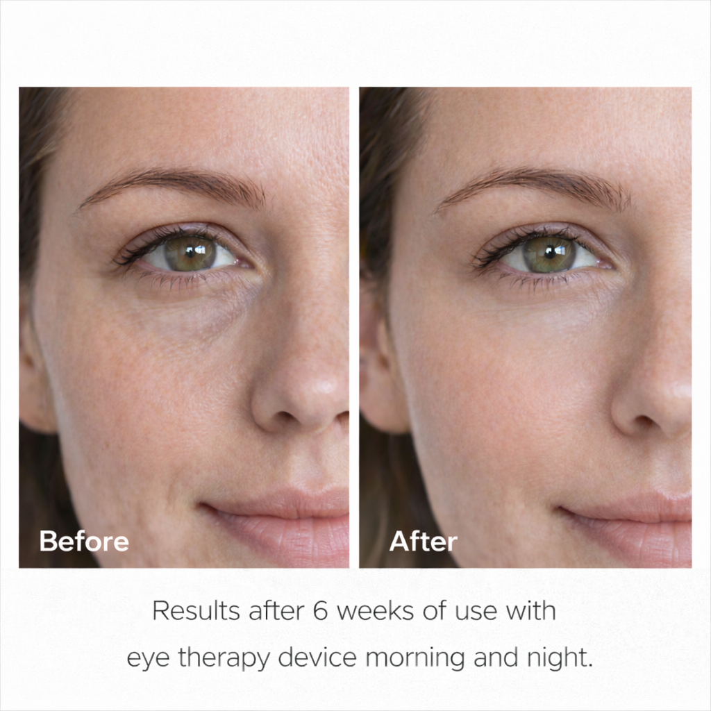 Close-up before and after photos of a woman’s eye area showing reduced dark circles and puffiness after six weeks of using an eye therapy device morning and night