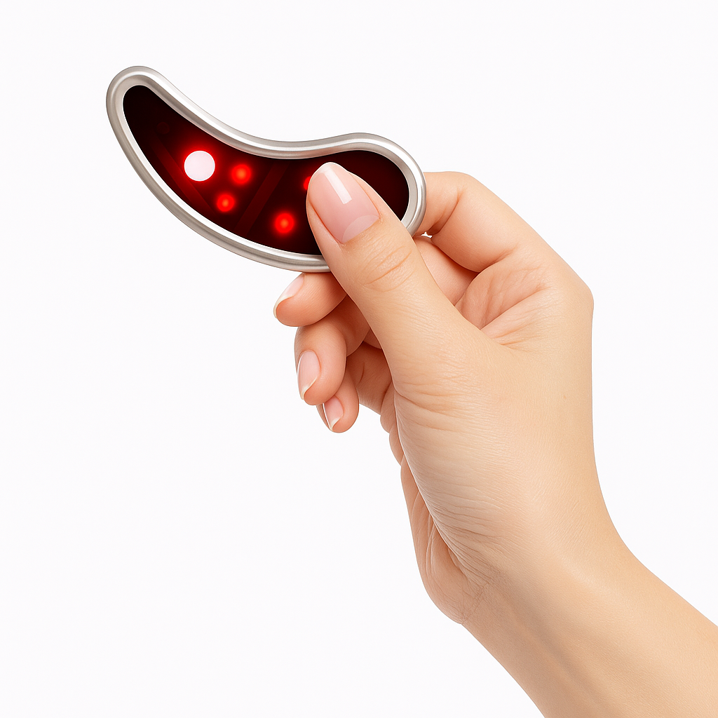 close up of sheskn eye therapy patch with led lights on