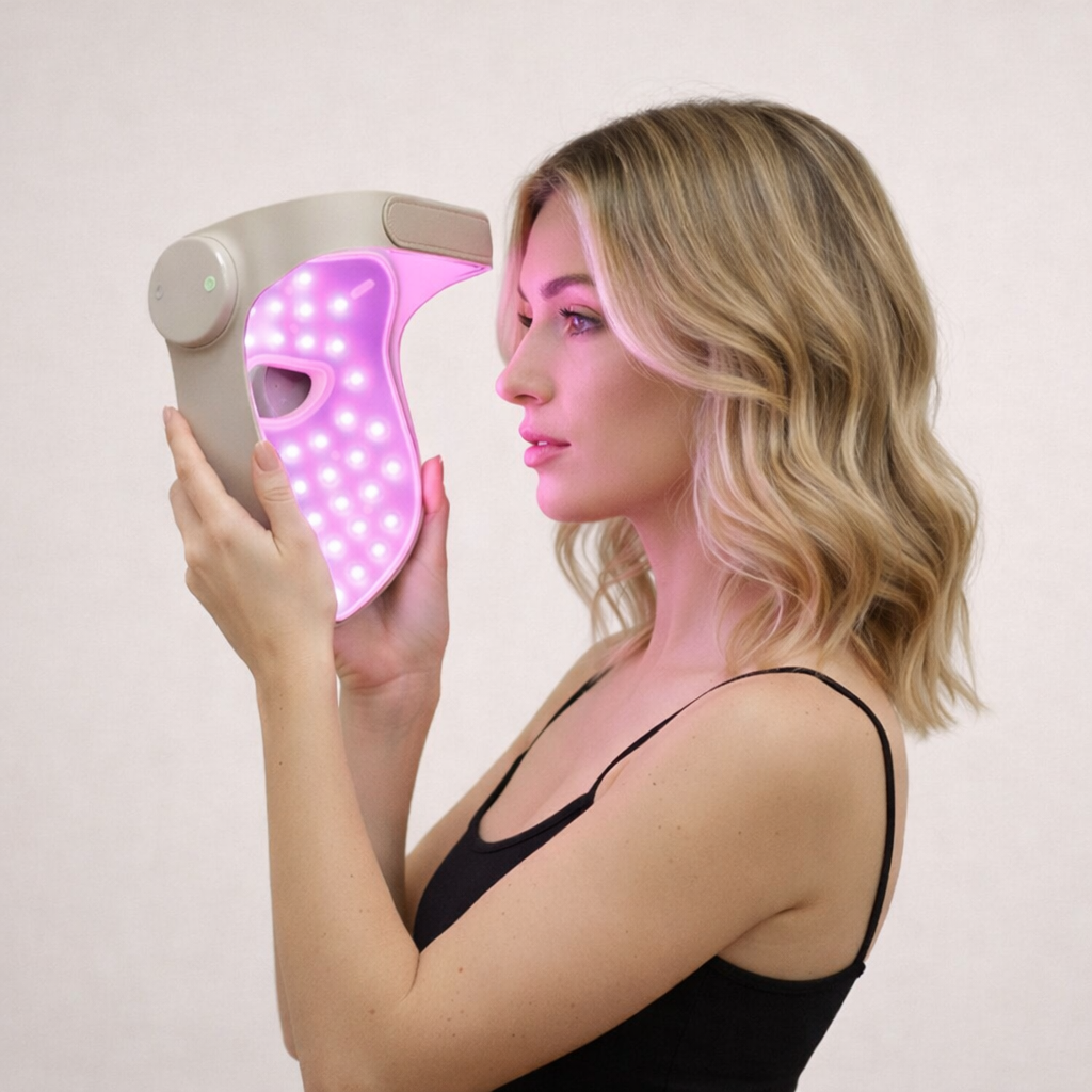 Woman holding Luméskn LED face mask with pink light therapy mode activated against a neutral background. Cream silicone mask with visible LED bulbs and side modules.