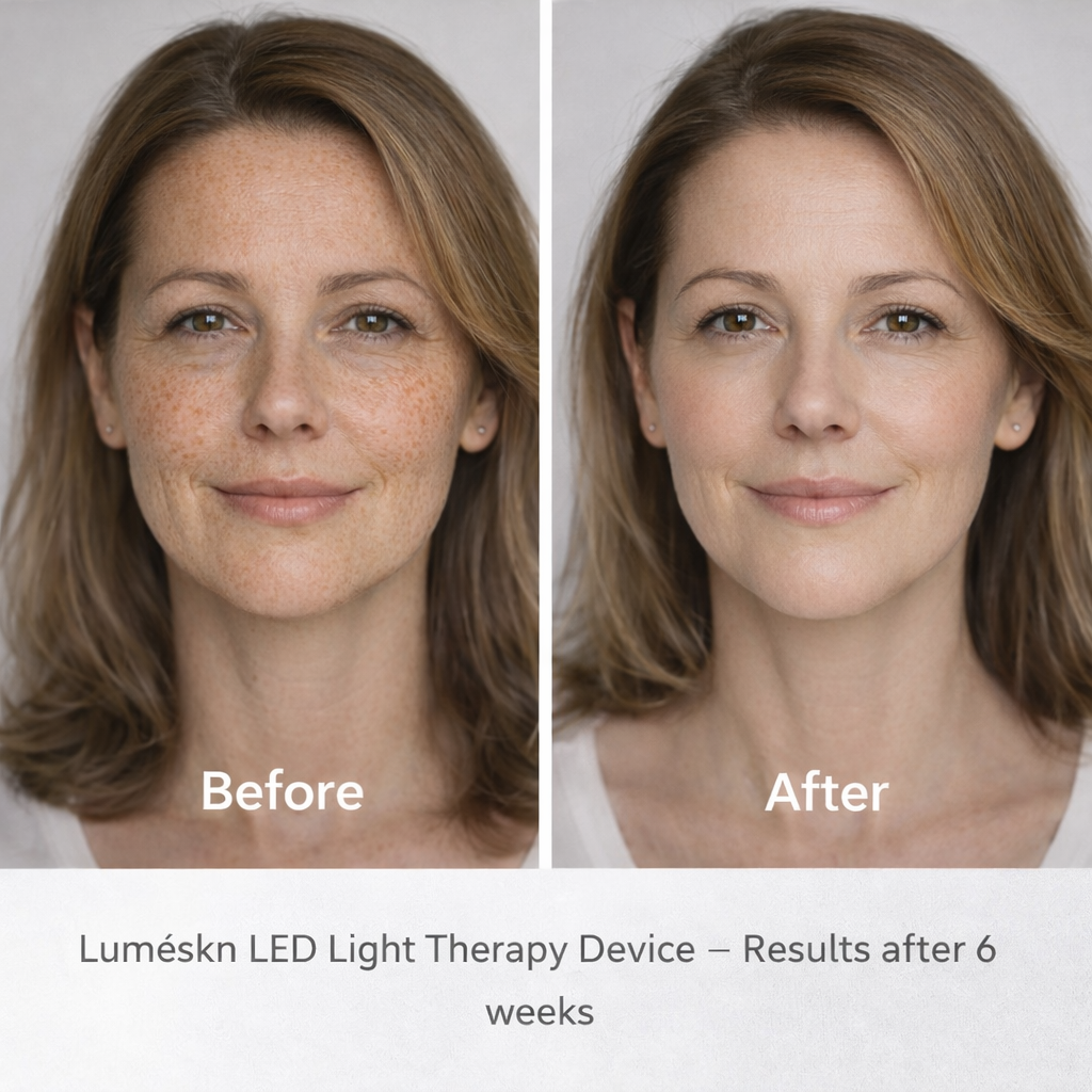 Before and after photo of a middle-aged Caucasian woman with brown hair showing visible reduction in sun damage, pigmentation and uneven skin tone after 6 weeks of using the Luméskn LED Light Therapy device