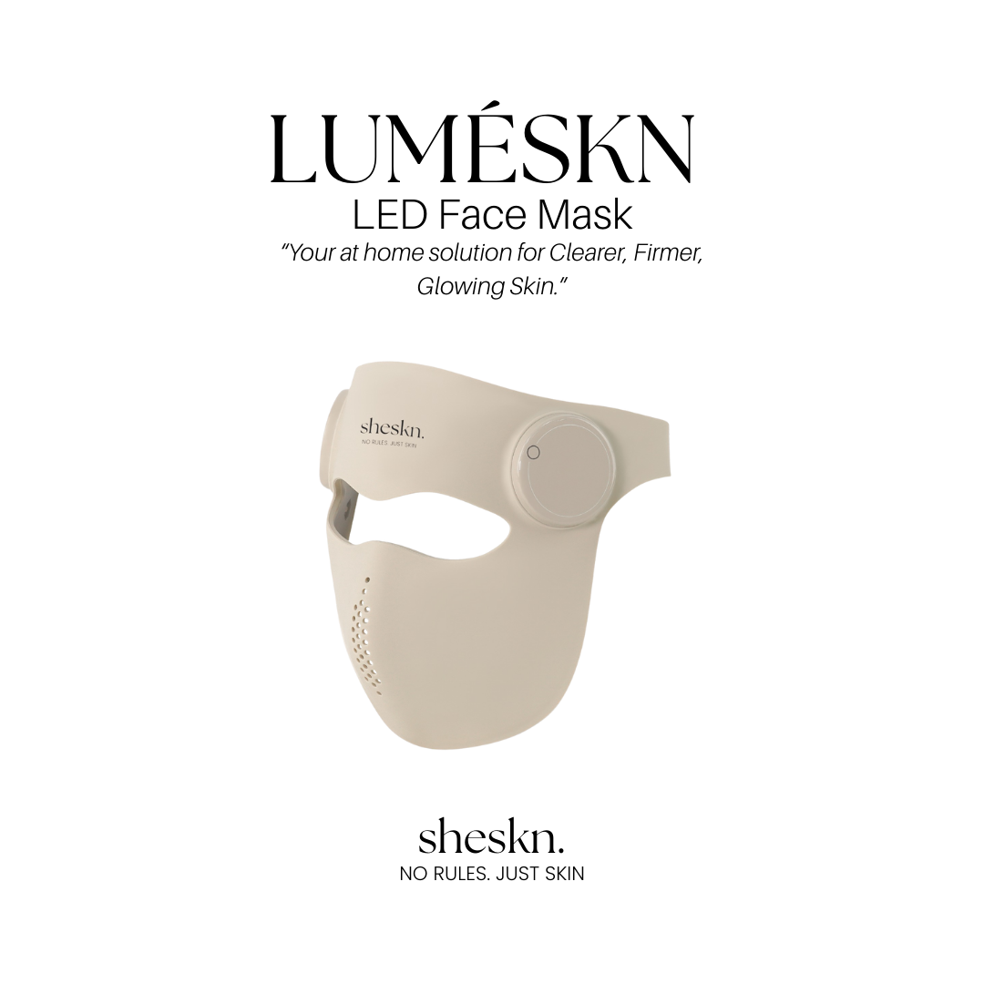 Luméskn LED face mask on a white background with Sheskin branding.