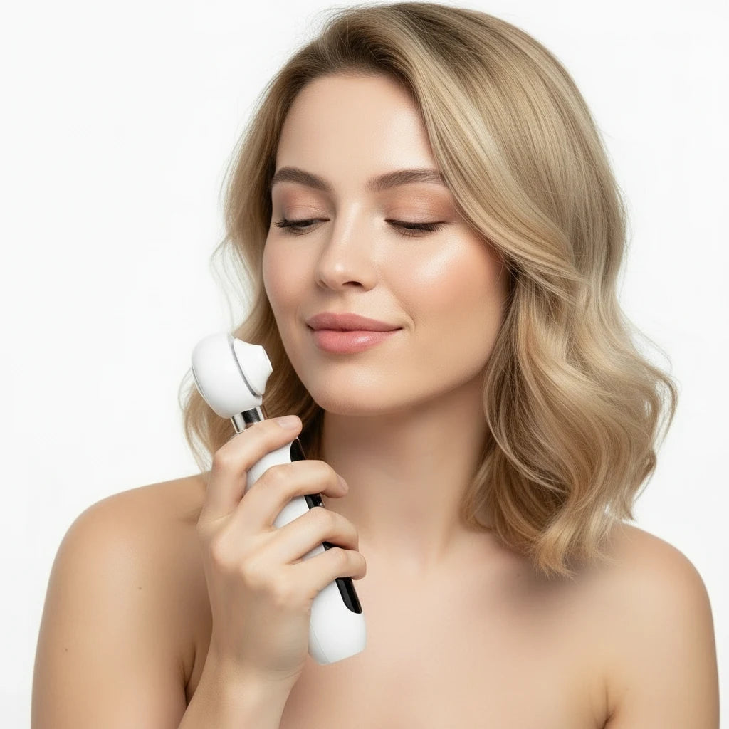 Woman using Sheskn Pore Perfect pore vacuum for targeted blackhead removal and pore cleansing