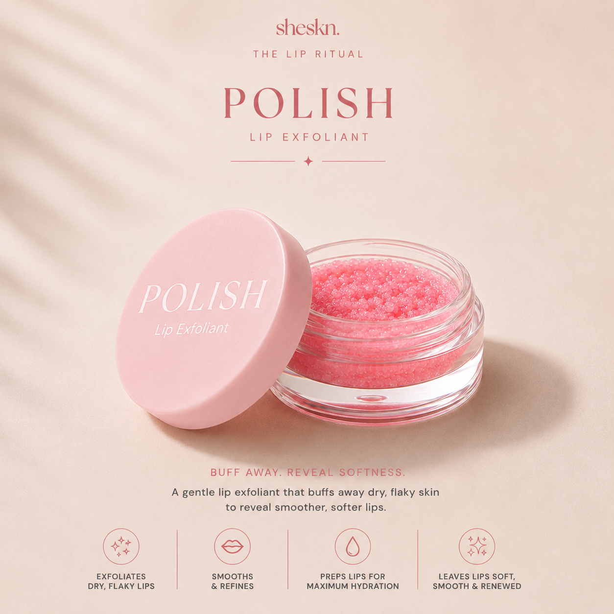 Sheskn Polish Lip Exfoliant with pink lip scrub inside a clear container on a beige background.