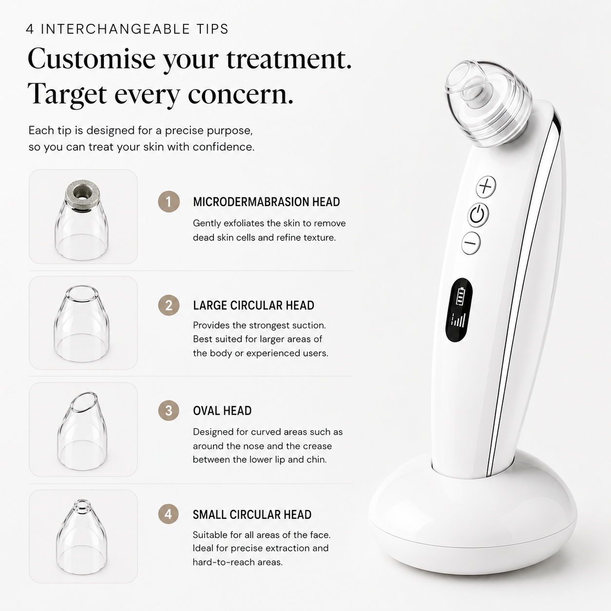 Microdermabrasion and extraction heads included with PoreSkn Pro+ pore vacuum