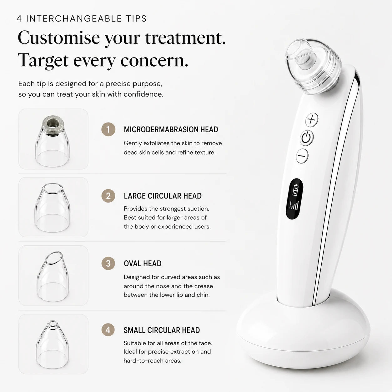 PoreSkn Pro+ with four interchangeable heads for microdermabrasion and targeted pore extraction