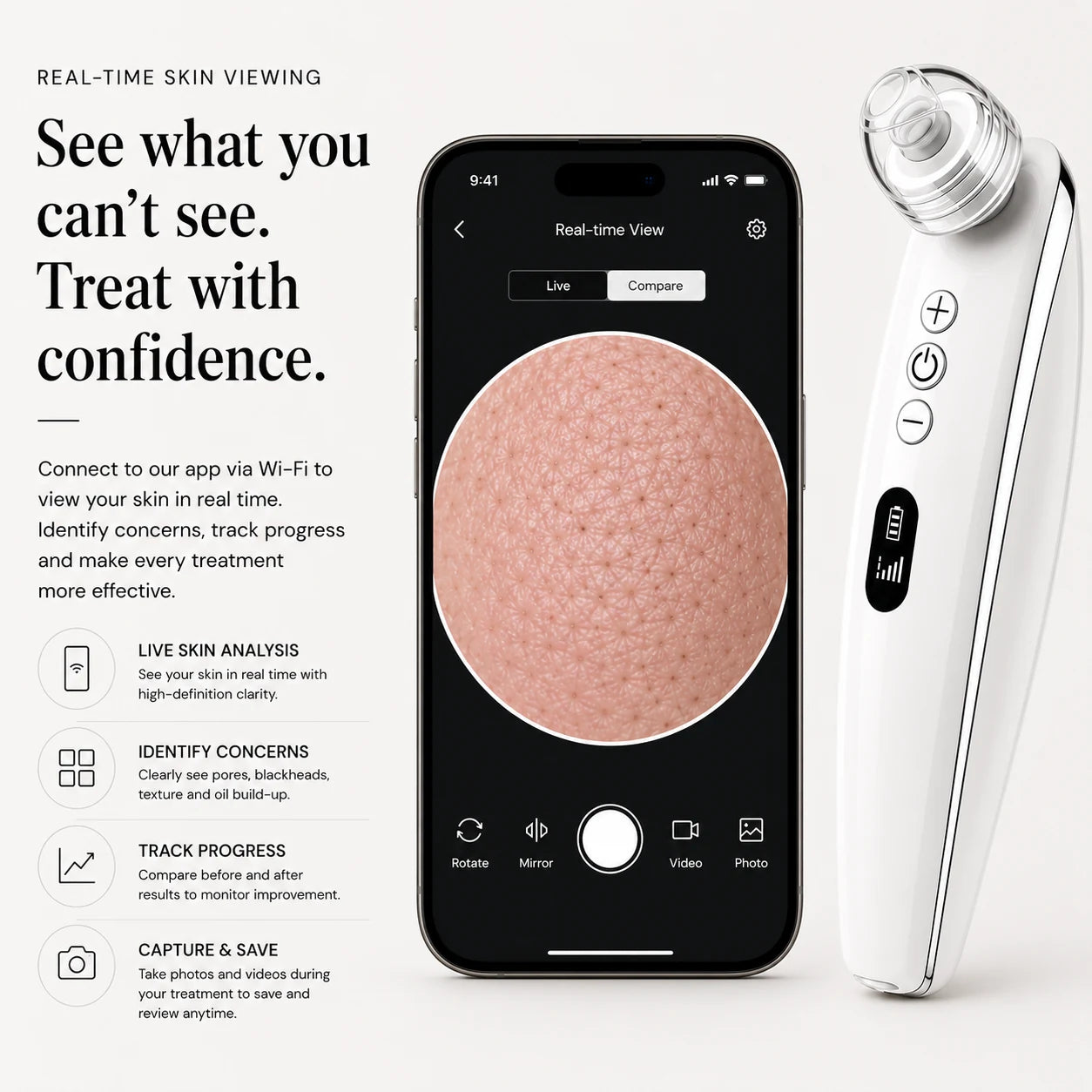 PoreSkn Pro+ pore extraction device with real-time skin viewing app for pores and blackheads