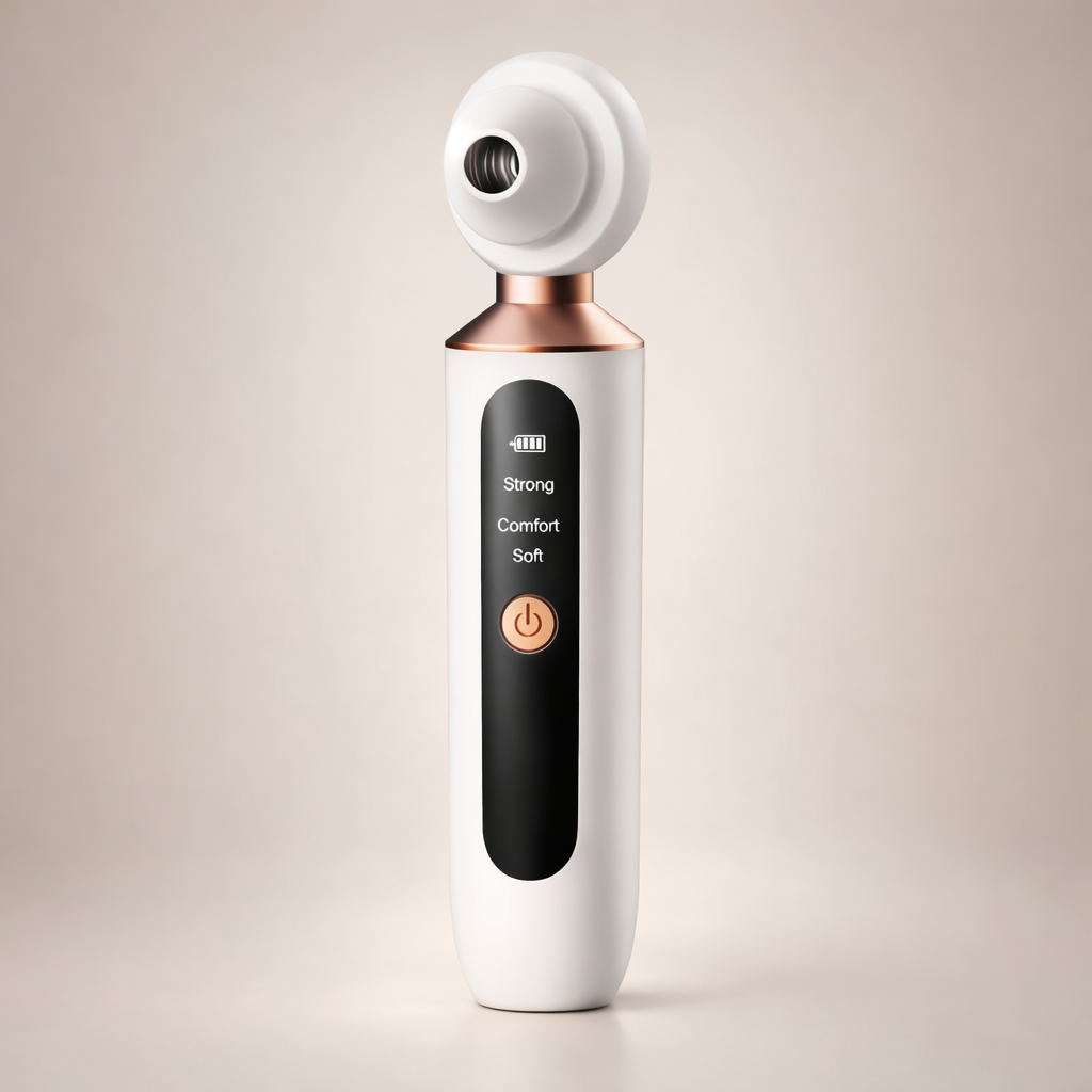 White handheld device with a power button on a beige background