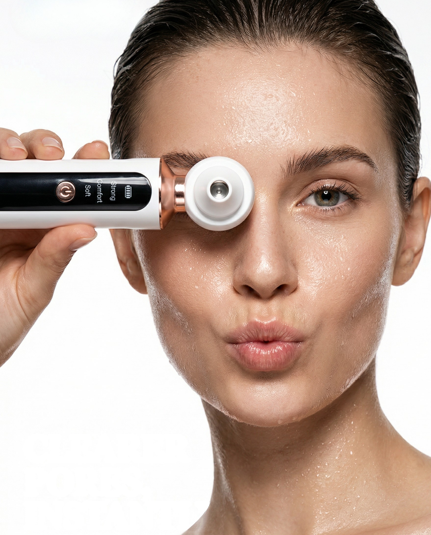 Woman using a skincare device on her face against a white background