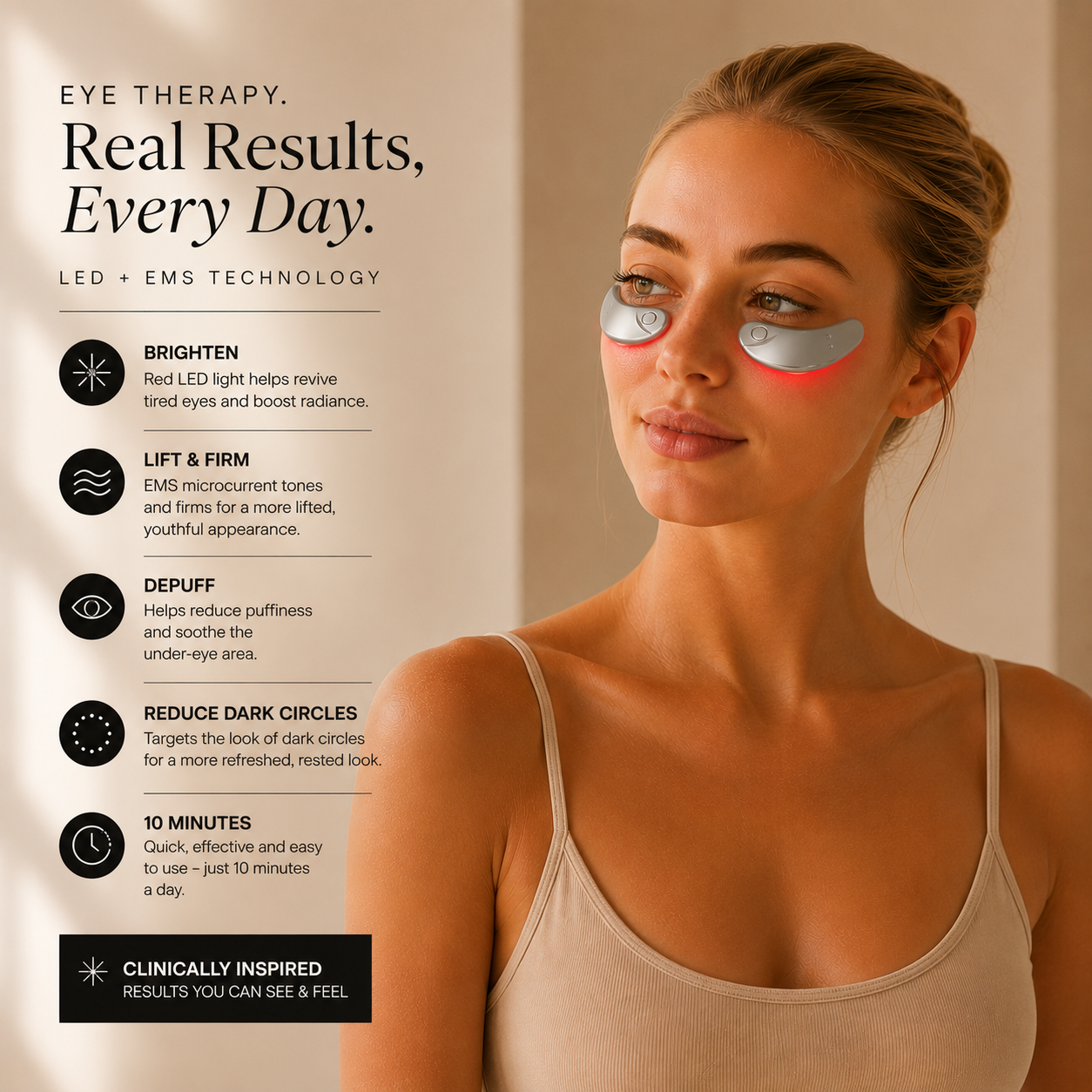 Promotional graphic showing a woman wearing the Sheskn Eye Therapy LED and EMS under-eye device with key benefits including brighter eyes, firmer skin, reduced puffiness, dark circle care and 10-minute daily treatments.