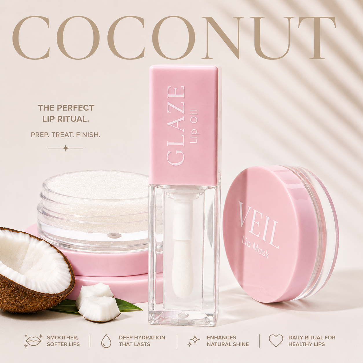 Coconut lip ritual featuring a white sugar lip scrub, creamy lip mask and clear glossy lip oil in luxury pink packaging.
