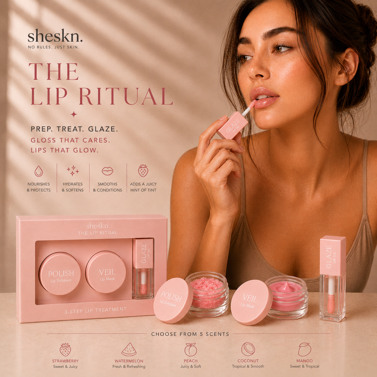 Luxury lifestyle image featuring the Sheskn Lip Ritual collection with POLISH Lip Exfoliant, VEIL Lip Mask and GLAZE Lip Oil in soft baby pink packaging alongside a model with glossy hydrated lips. Includes five scent options: Strawberry, Watermelon, Peach, Coconut and Mango.