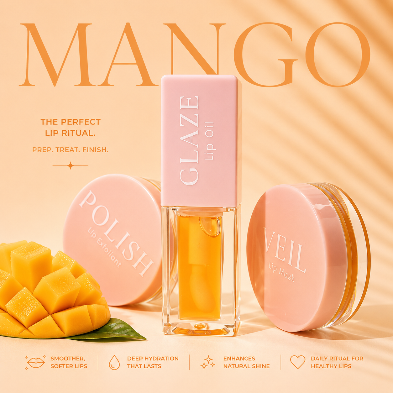 Mango lip care collection with golden mango-toned lip oil, exfoliating scrub and nourishing lip mask in soft pink packaging.