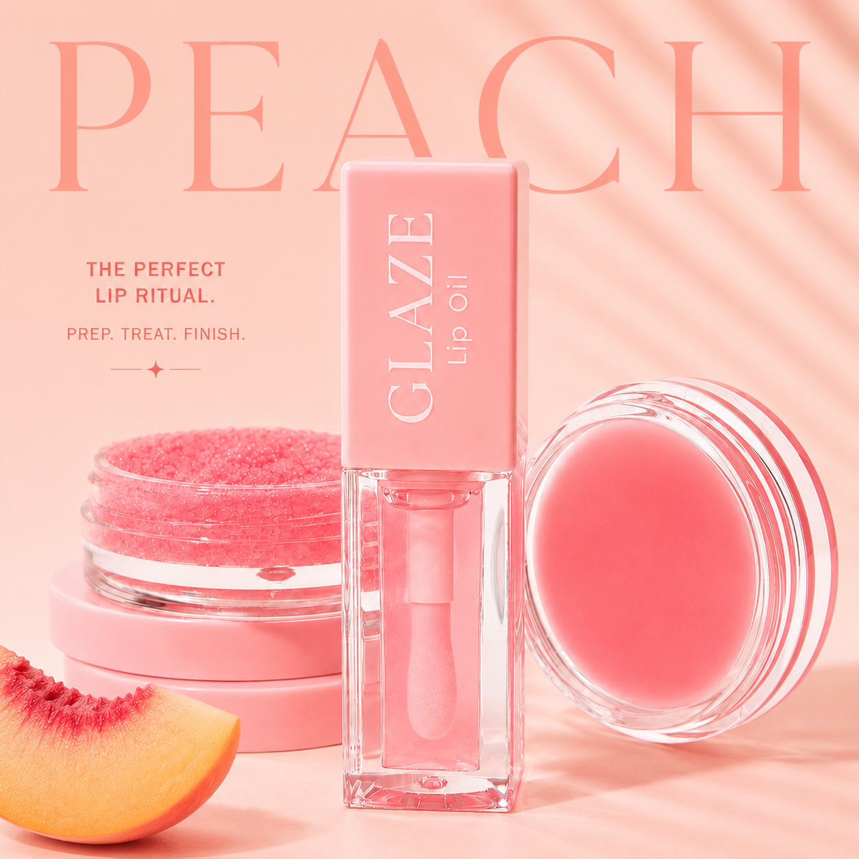 Luxury peach-inspired lip care set featuring a nourishing lip mask, exfoliating scrub and glossy lip oil in pastel pink packaging.