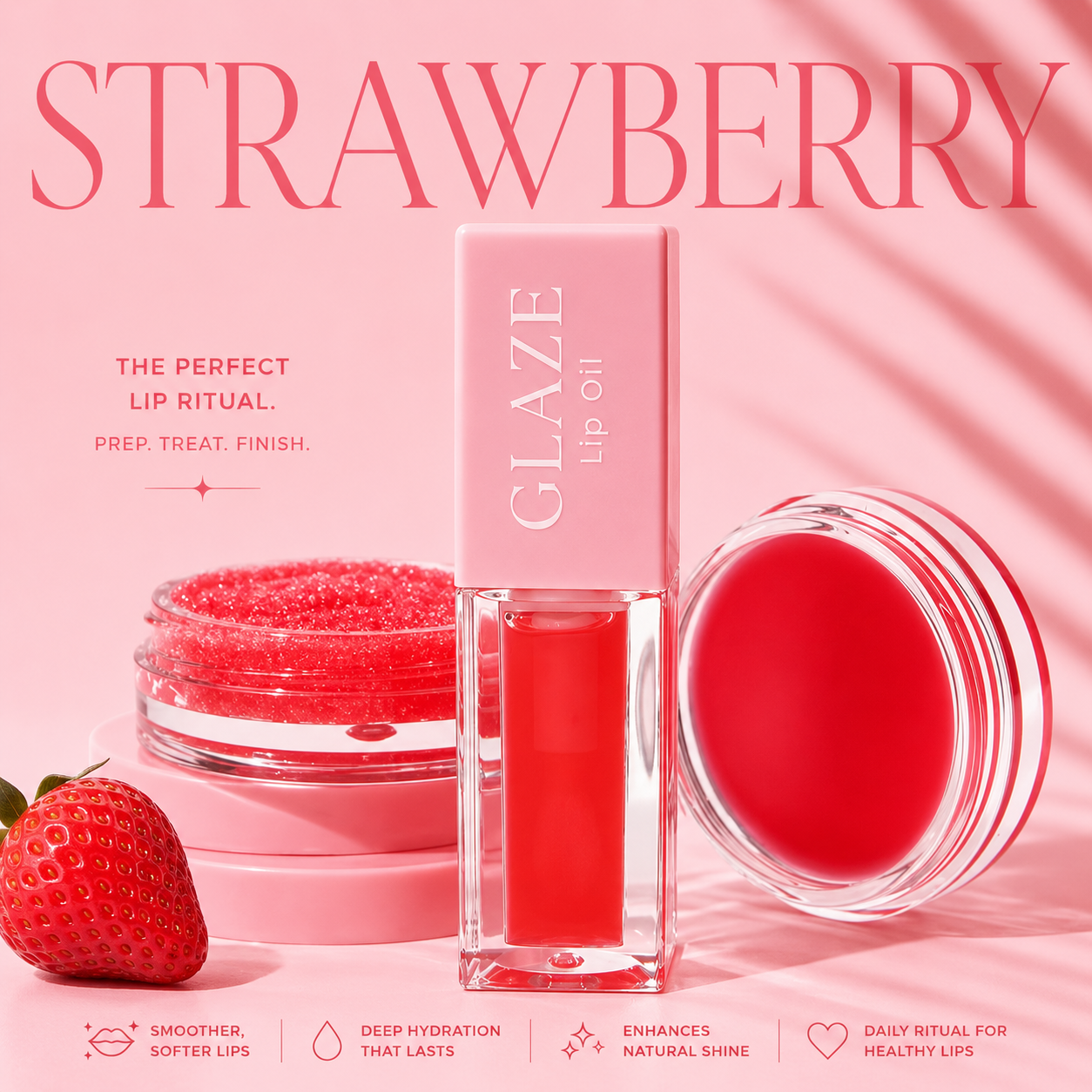 Luxury strawberry lip care trio featuring a sugar lip exfoliant, hydrating lip mask and glossy lip oil in soft pink packaging.