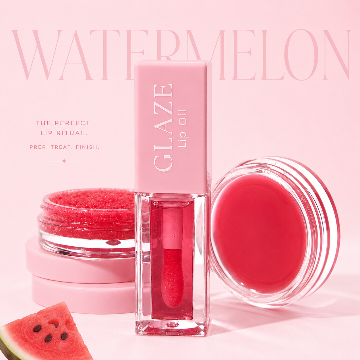 Watermelon lip ritual featuring a vibrant pink lip scrub, hydrating lip mask and glossy lip oil in luxury pastel packaging.