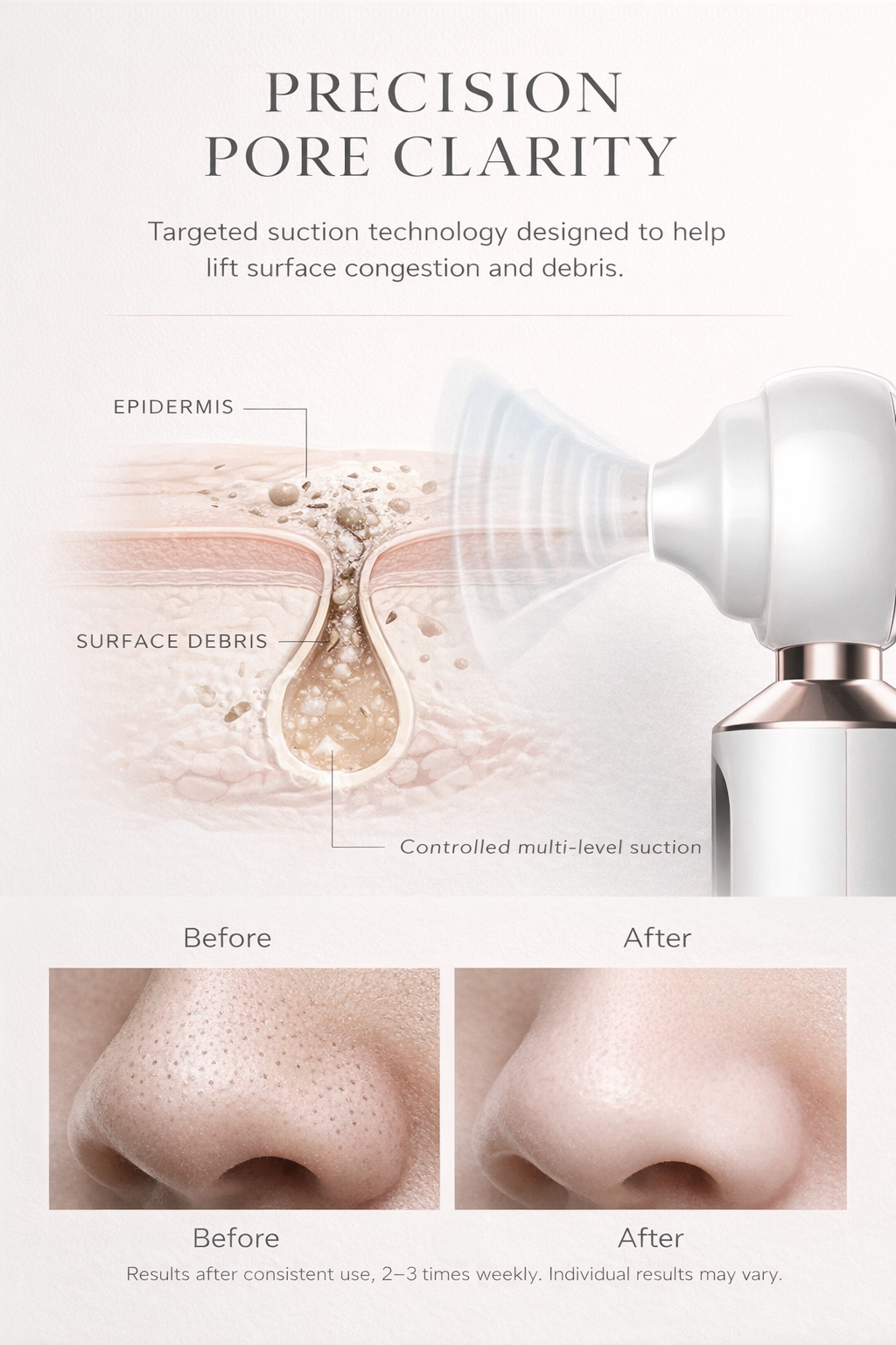 Facial cleansing device with before and after effects on skin clarity.