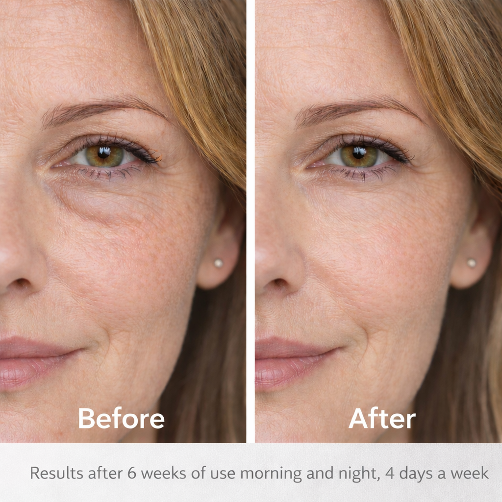 Close-up half-face before and after image of a middle-aged woman showing visible reduction in under-eye puffiness after 6 weeks of using an eye therapy device morning and night, 4 days per week