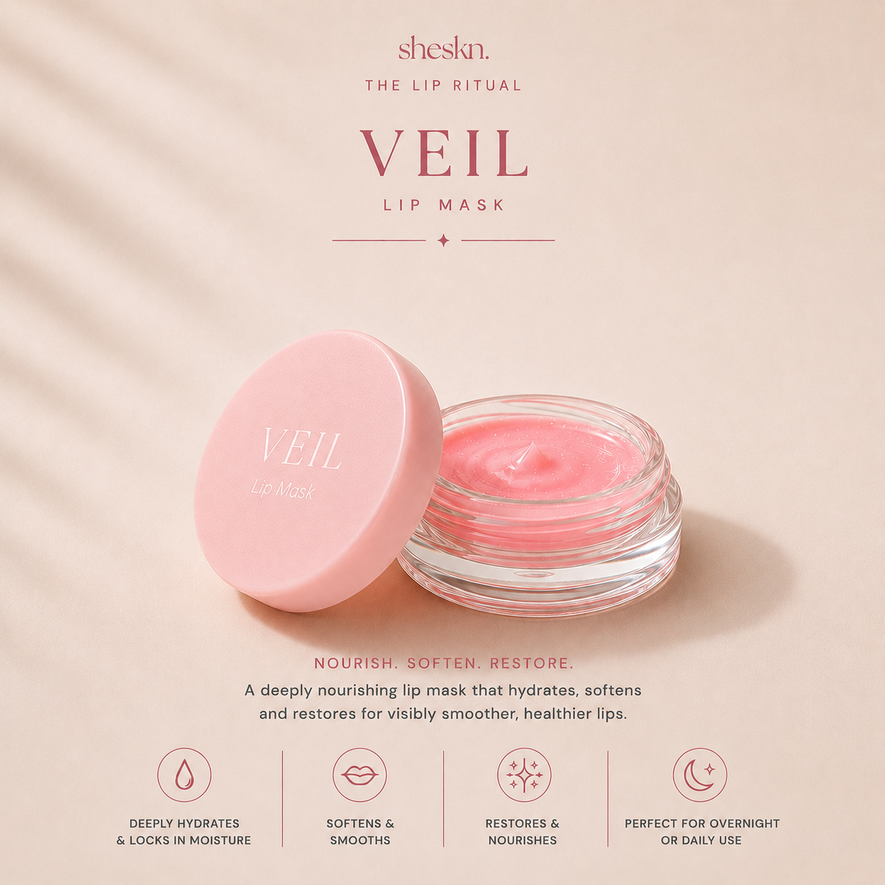 Sheskn Veil Lip Mask packaging on a beige background