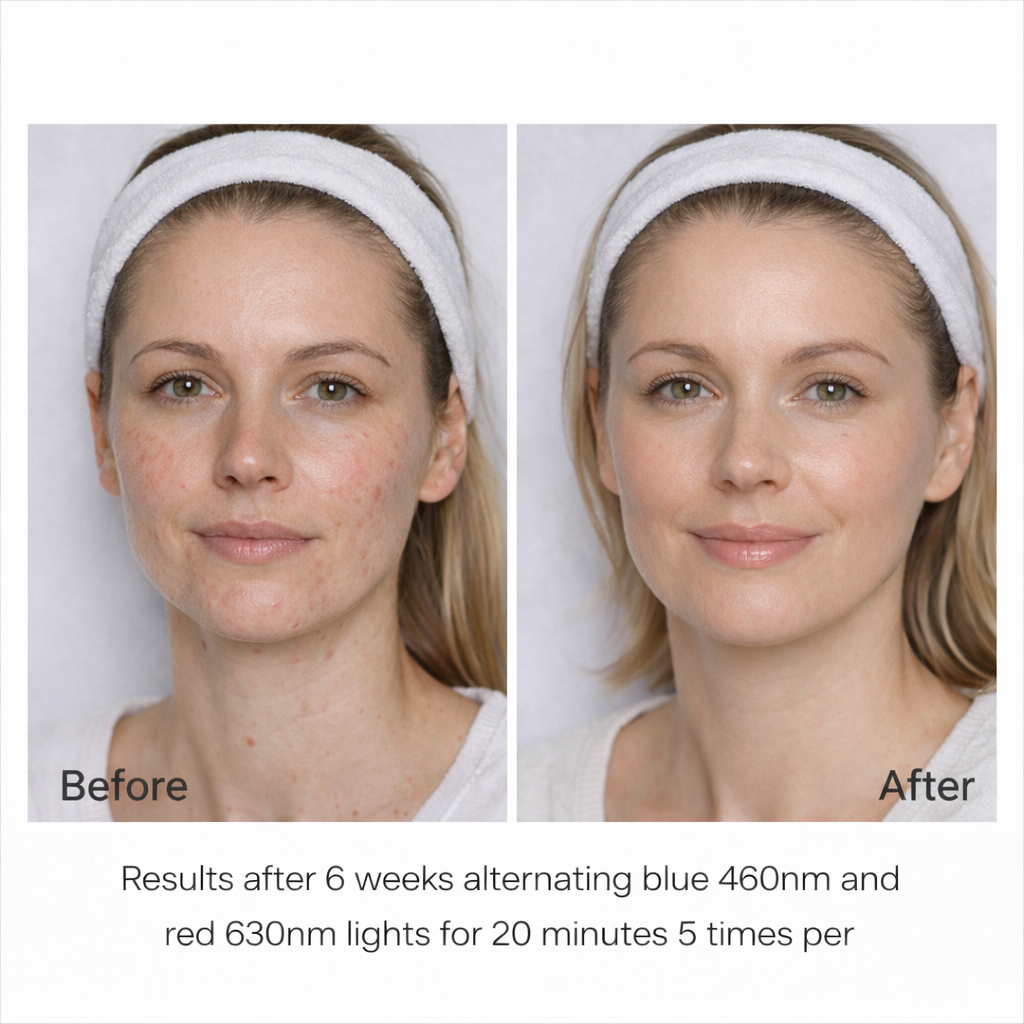 Before and after comparison of a woman’s skin showing reduced acne and redness after five weeks of alternating blue 460nm and red 630nm LED light treatments.