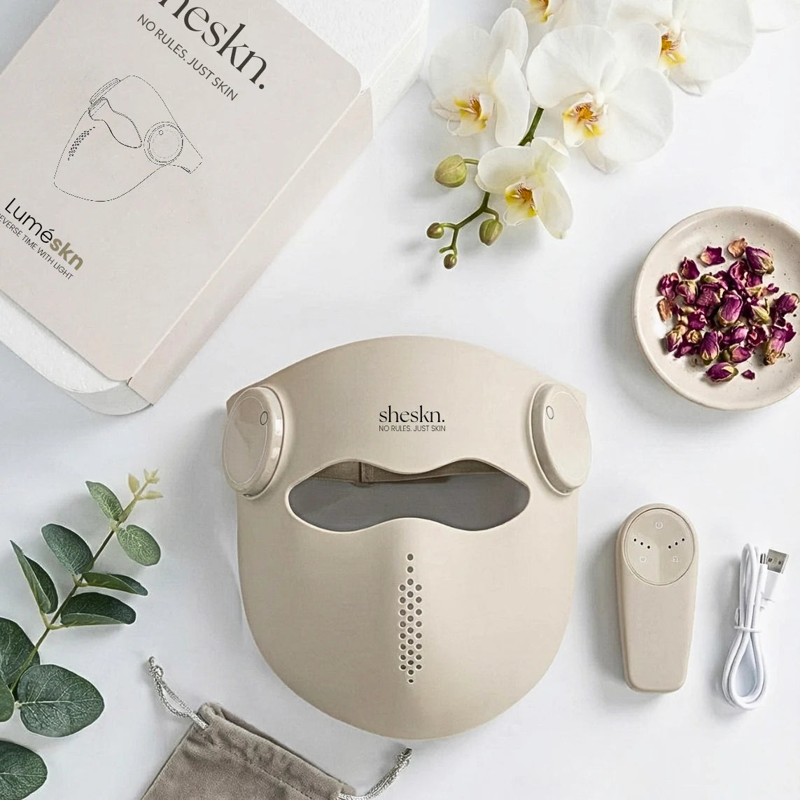 Sheskn Luméskn LED face mask kit with controller, charging cable and accessories