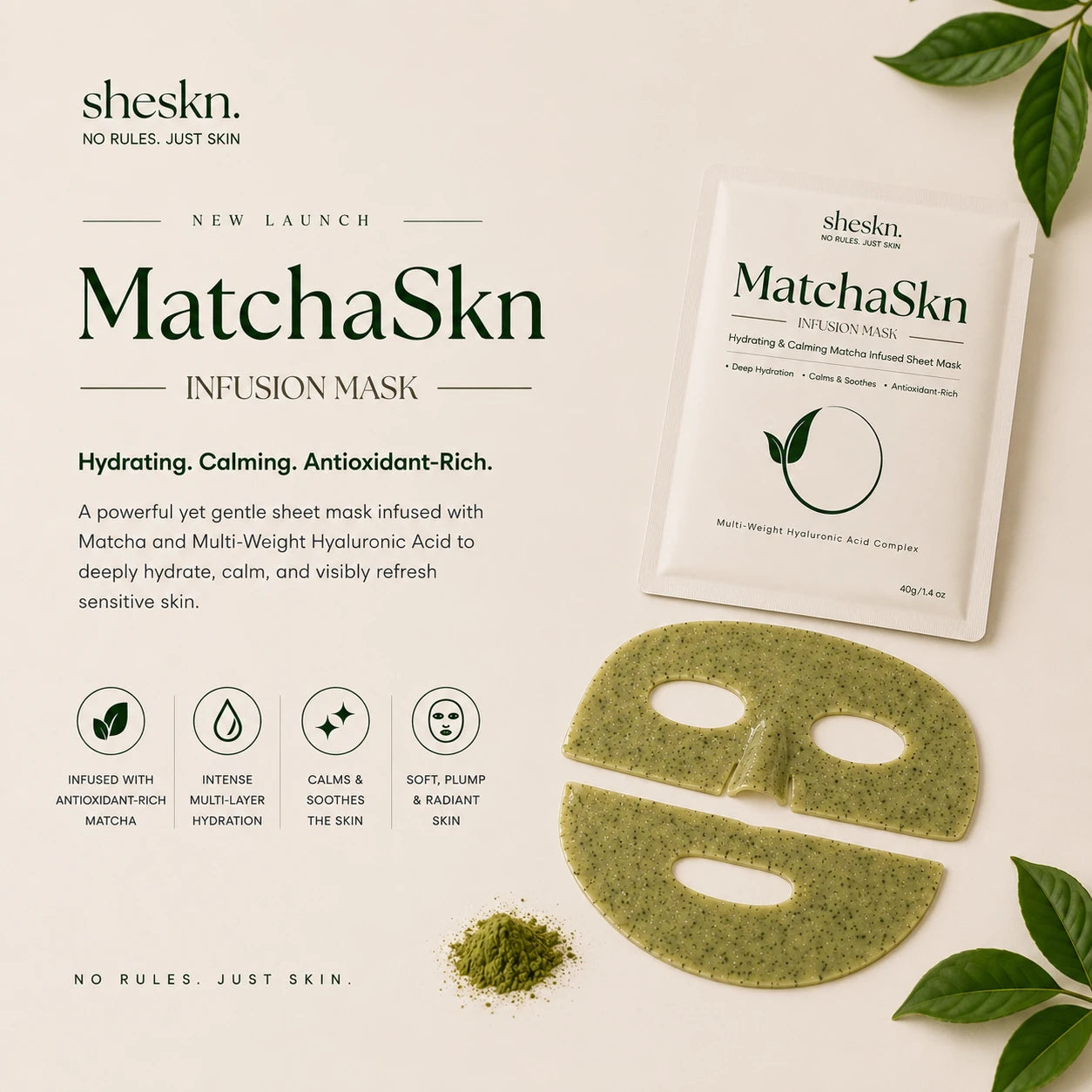 Sheskn MatchaSkn hydrating and calming matcha infused face mask for sensitive skin