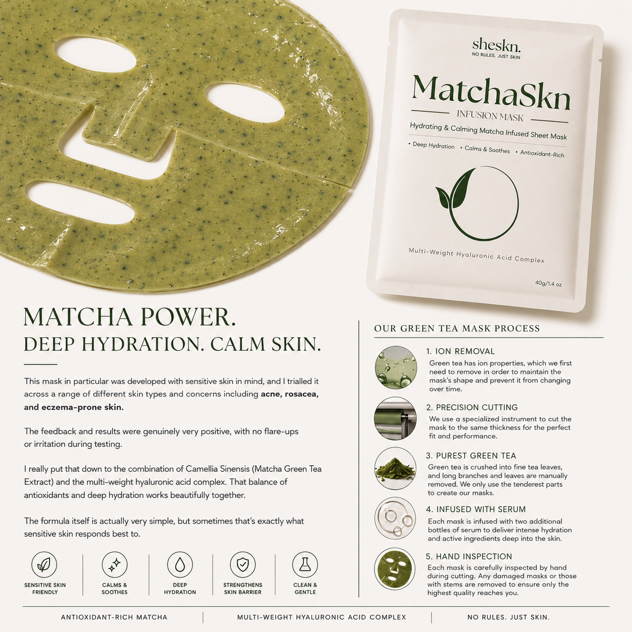 Matcha Face Mask ingredients and skincare benefits including Matcha Green Tea and Hyaluronic Acid.