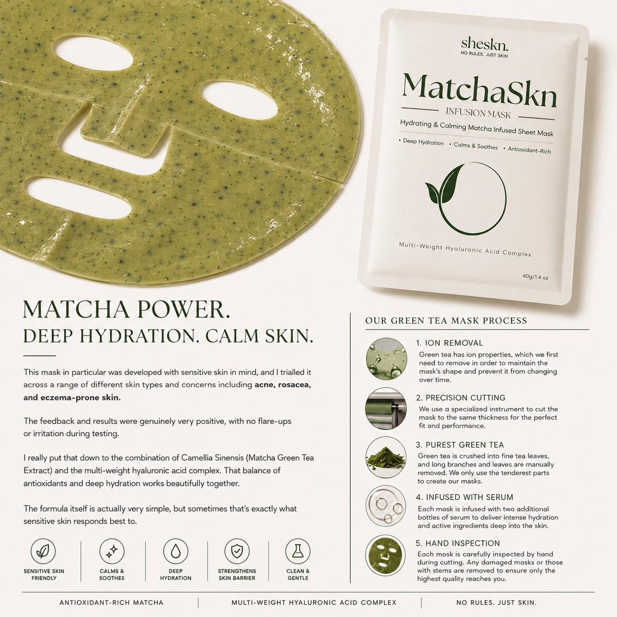 MatchaSkn matcha face mask with antioxidant green tea and hyaluronic acid for deep hydration