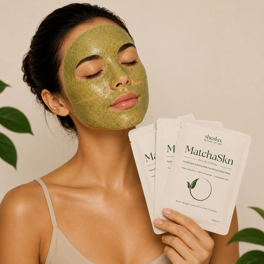 Woman wearing Sheskn MatchaSkn hydrating matcha face mask