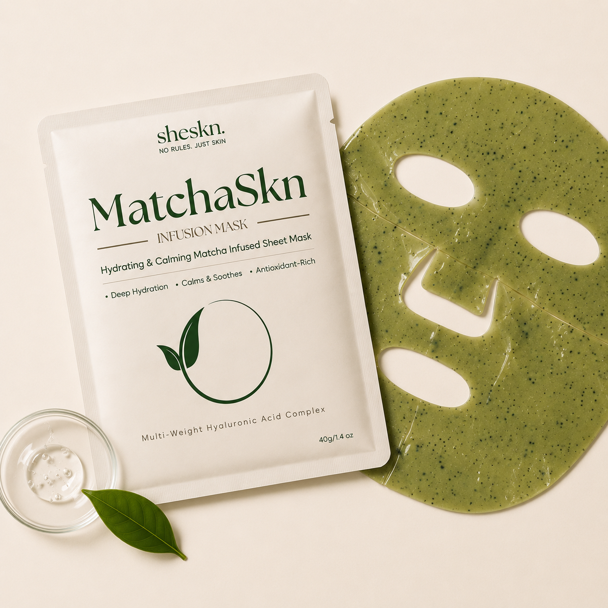 Matcha Face Mask by Sheskn featuring matcha-infused hydrating sheet mask and product packaging.