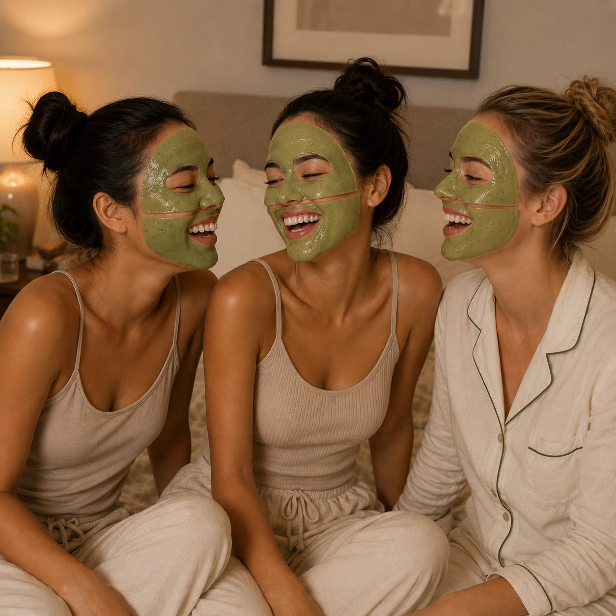 Friends wearing Sheskn MatchaSkn matcha face masks during an at-home skincare routine