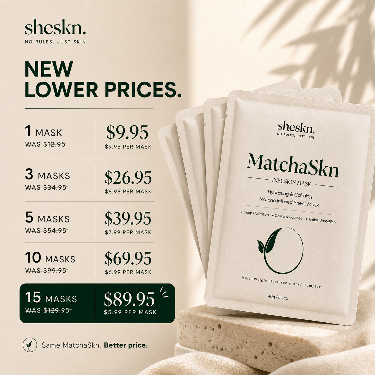MatchaSkn face mask bundle pricing from SHESKN, with 1, 3, 5, 10 and 15 mask bundles from $9.95.