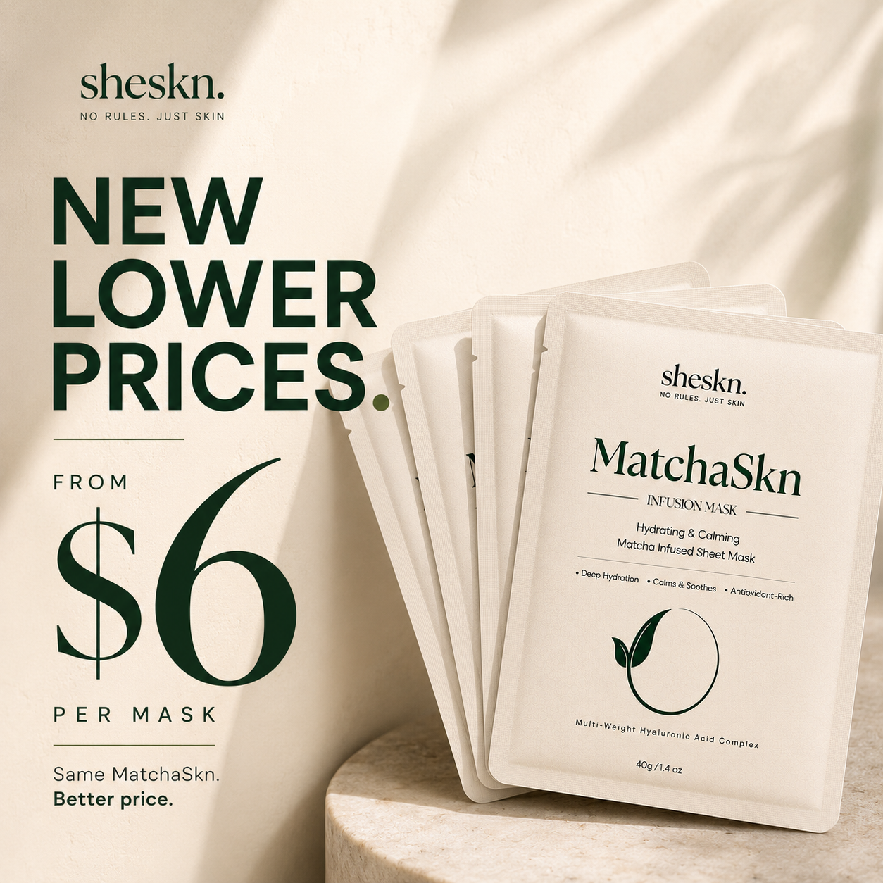 MatchaSkn hydrating matcha face masks by SHESKN with new lower pricing from $6 per mask.