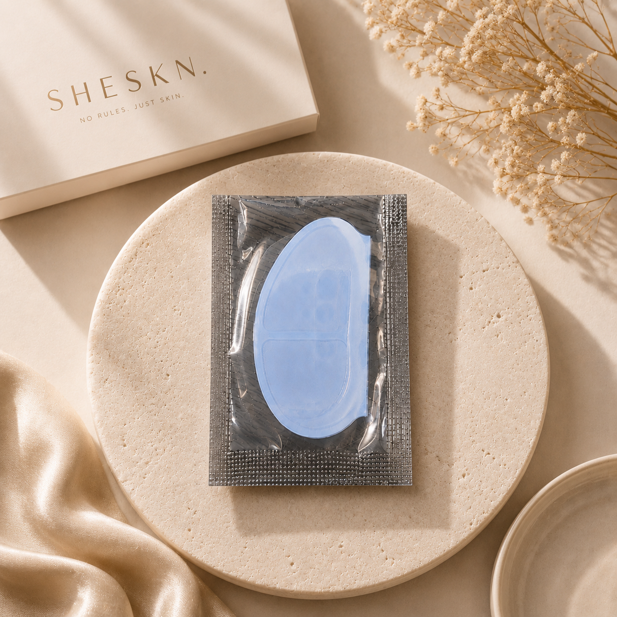 One pair of Sheskn Hydrogel Eye Patches for cooling, hydrating and refreshing the under-eye area.