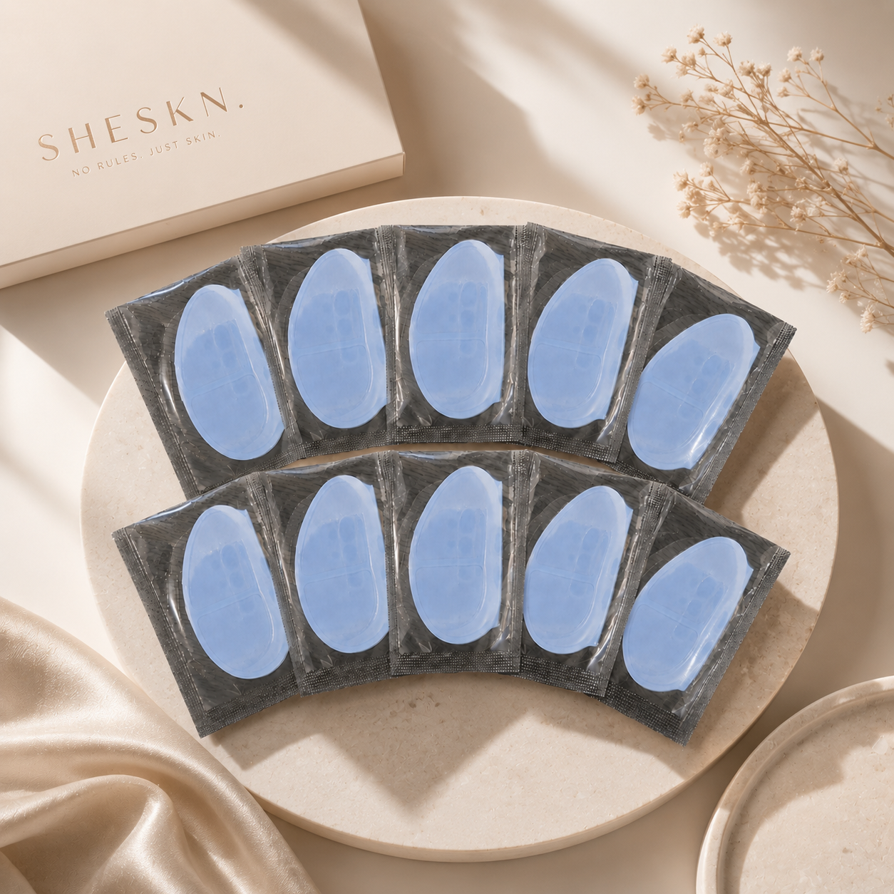 Ten pairs of Sheskn Hydrogel Eye Patches for cooling, hydrating and refreshing the under-eye area.