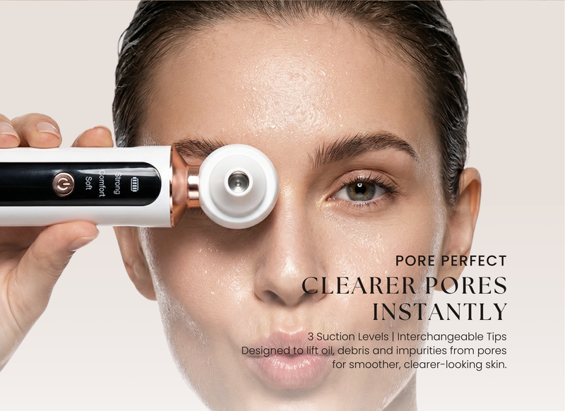 Model using the Sheskn Pore Perfect blackhead removal pore vacuum device designed to help remove oil, debris and impurities from clogged pores.