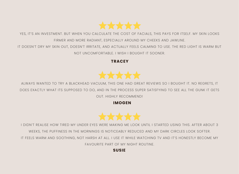 Five star customer reviews for Sheskn skincare devices including LED light therapy mask and pore vacuum with testimonials from real users.