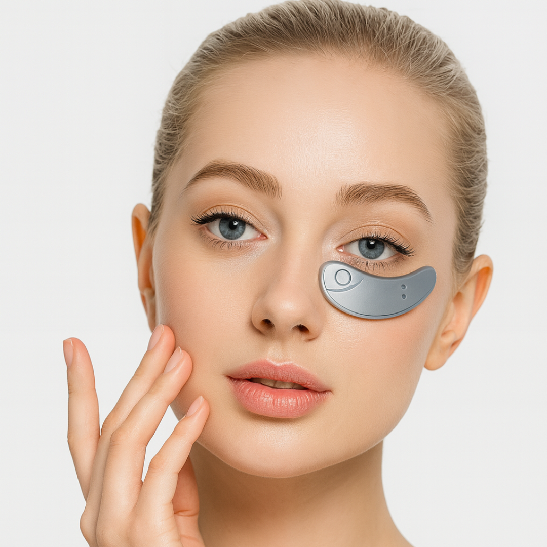 Sheskn LED under-eye therapy device reducing dark circles and puffiness with red light treatment at home